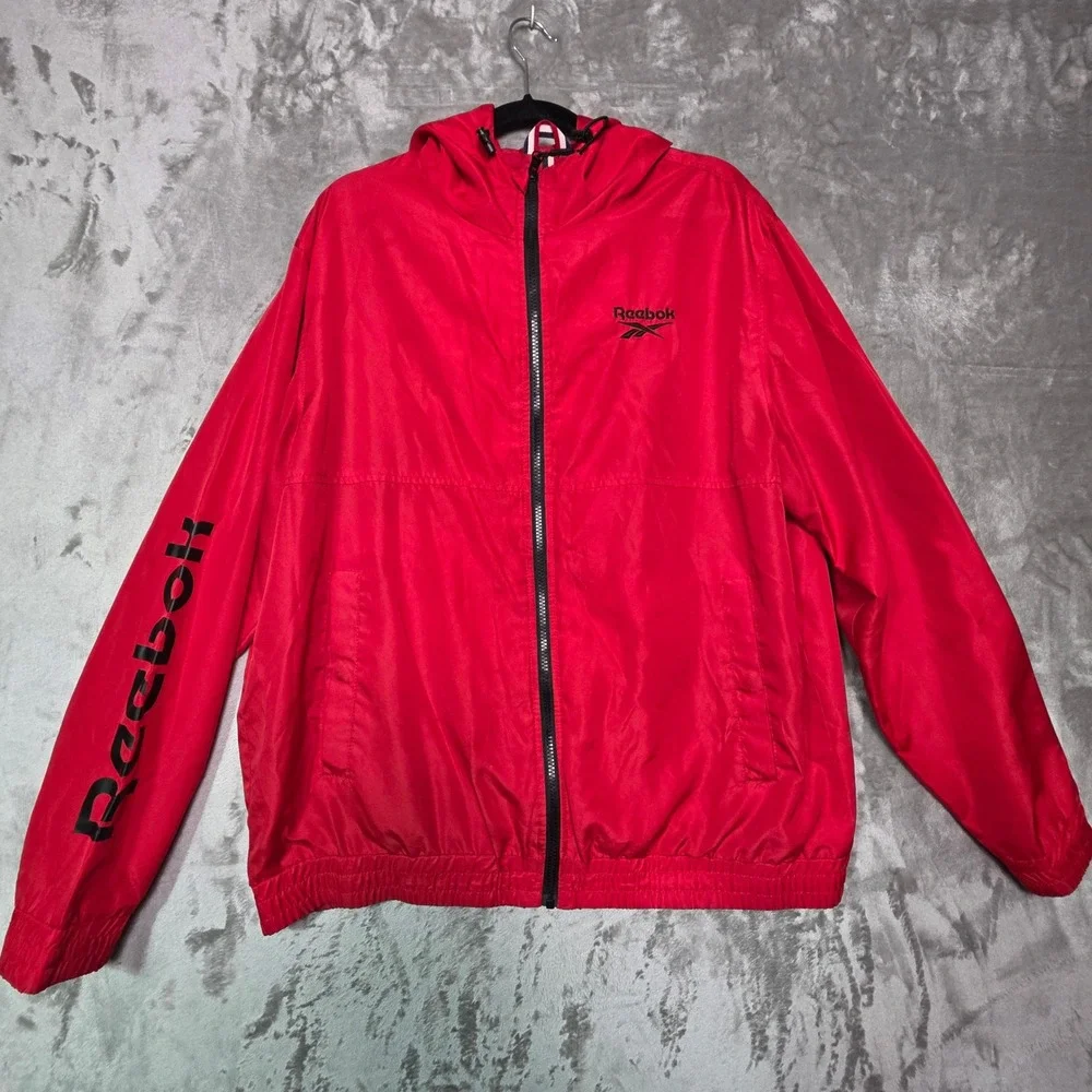 Reebok Mens Red Full Zip Hooded Windbreaker Jacket XL RN127805 Logo Sleeve